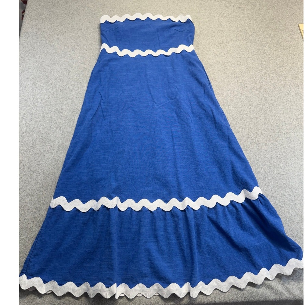 Zesica Strapless Maxi Dress Women M Blue White Ric Rac Trim Smocked Coastal Boho